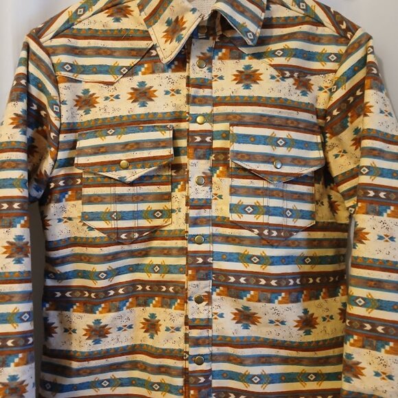 New Mens Flannel Shacket Western Shirt XS Snap up Navajo Thermal Browns Teal Tan - Picture 2 of 11